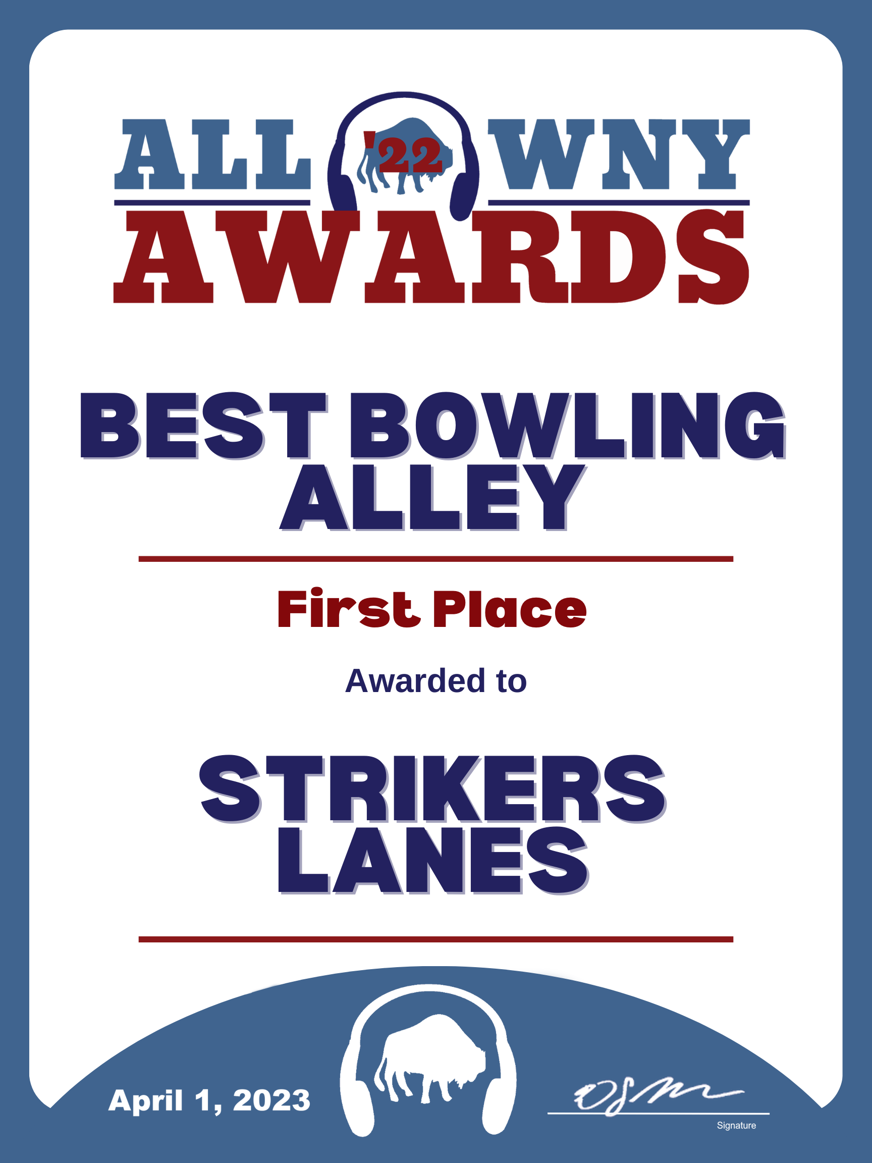 2022 All WNY Award Best Bowling Alley Strikers Lanes All WNY