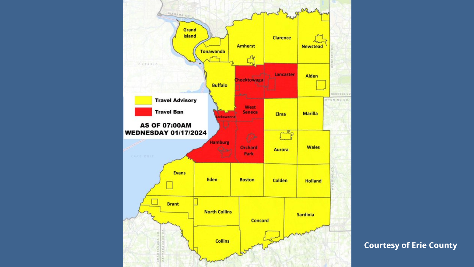 Erie County is under a travel ban or travel advisory depending on