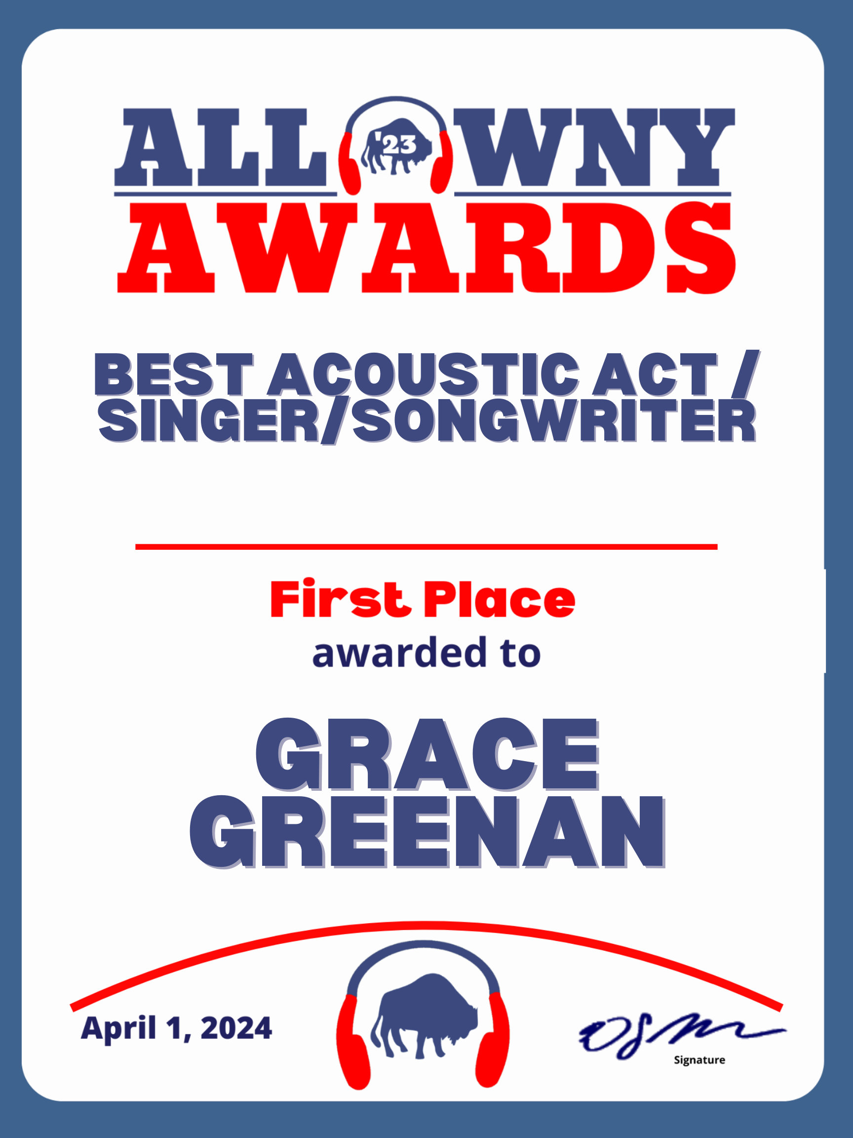 2023 All WNY Award Best Acoustic Act / Singer/Songwriter Grace