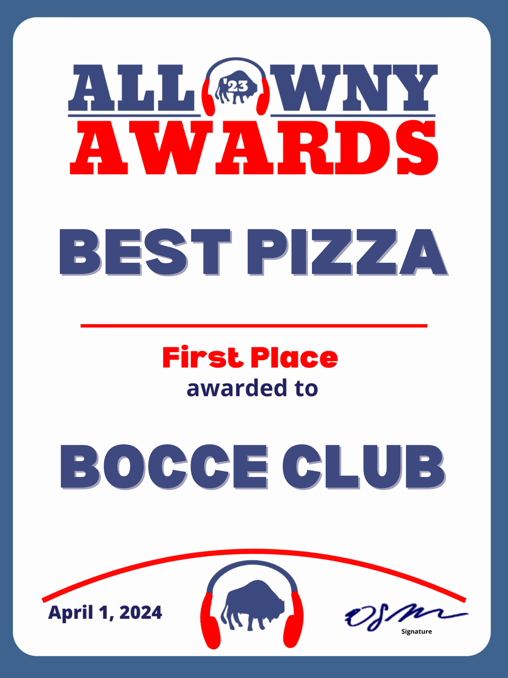 2023 All WNY Award Best Pizza Bocce Club All WNY