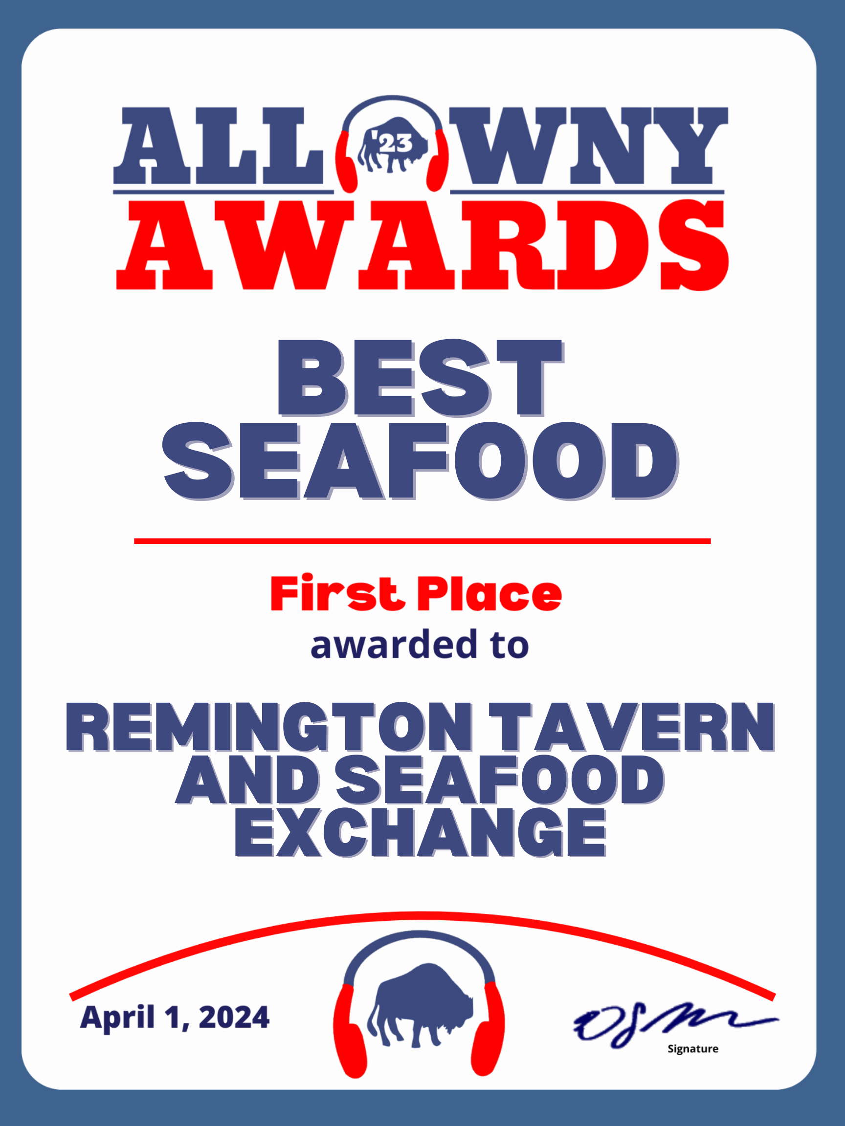 2023 All WNY Award Best Seafood Remington Tavern and Seafood Exchange